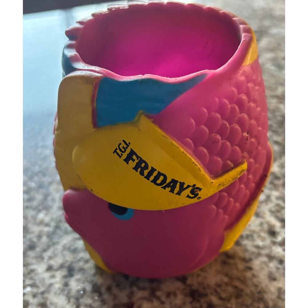Vintage TGI Friday's Restaurant Rubber Drink Koozie TGIF Pink Yellow Blue Fish